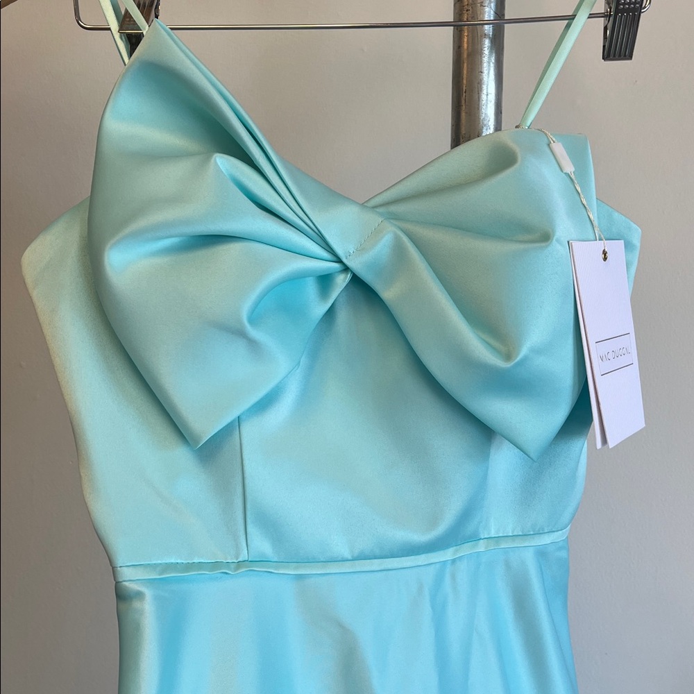 Mac Duggal Aqua Satin Bow-Front Spaghetti Strap Maxi Dress